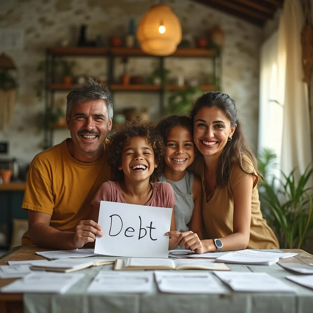 Família feliz celebrando liberdade financeira